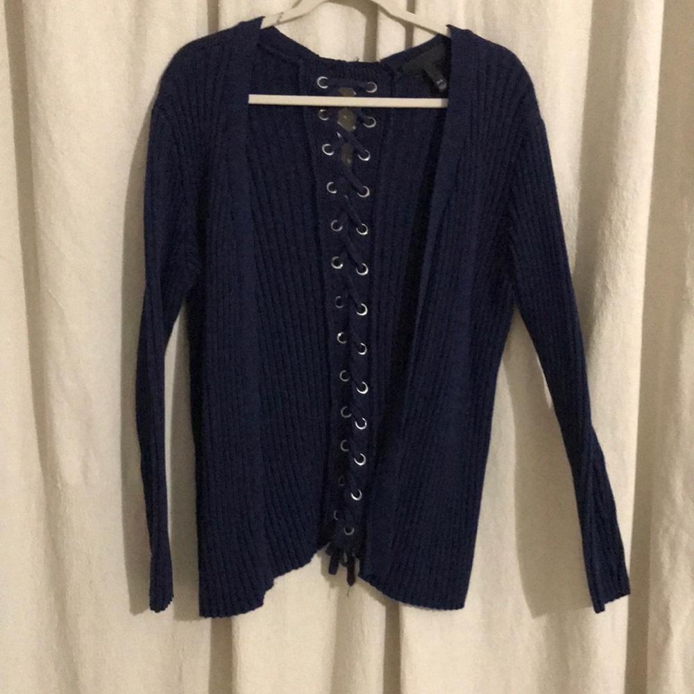 Navy cardigan with lace up detail. NWOT